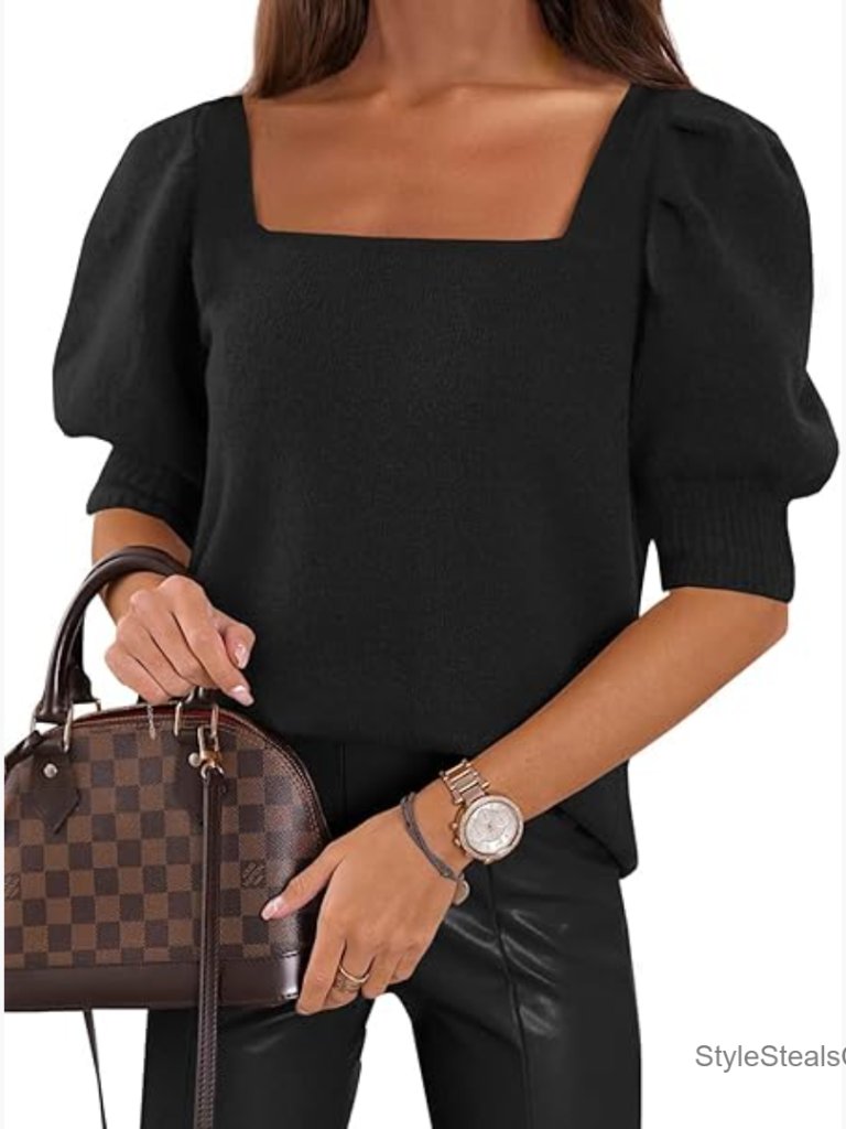 Puff Sleeve Square Neck Knit Top Loose Fit Summer Blouse